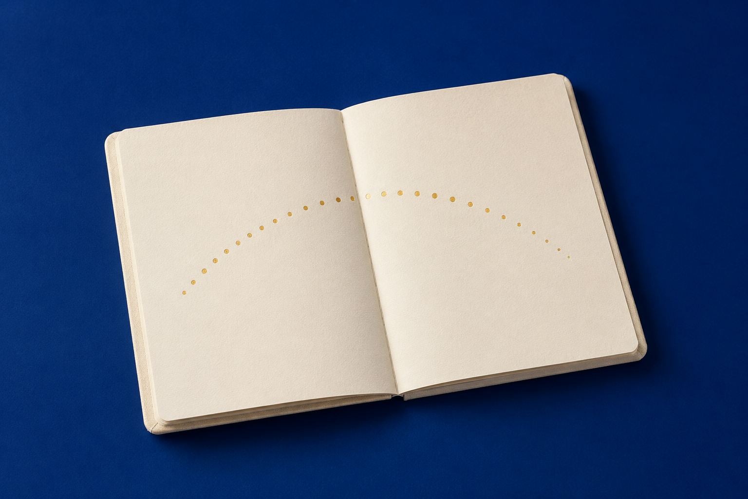 A cream passport open to a blank page with a fine gold arc of small dots curving across it like counted days, on a royal navy background