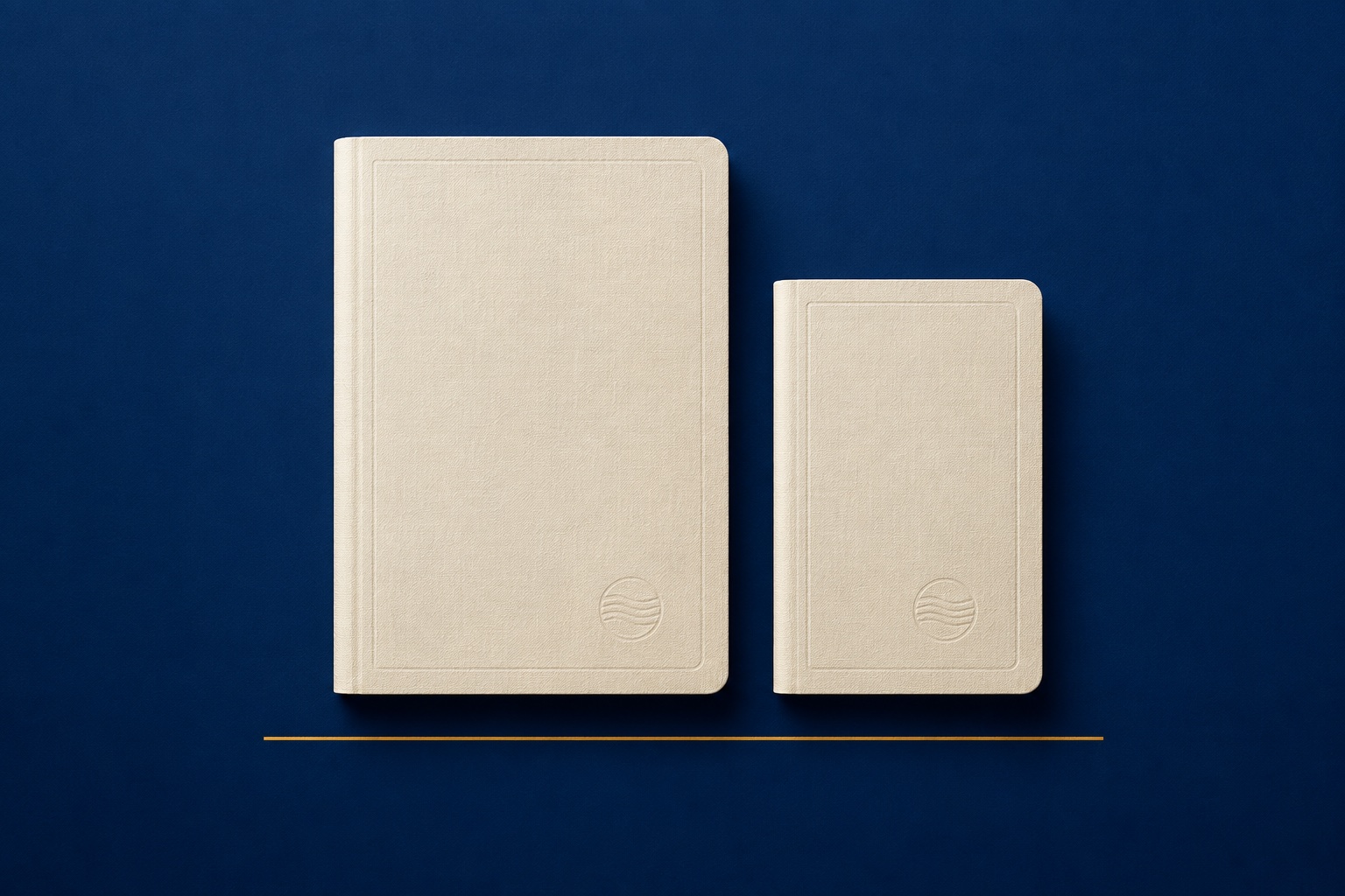 An adult cream passport beside a visibly smaller child passport, linked by a single thin gold line, on a royal navy background