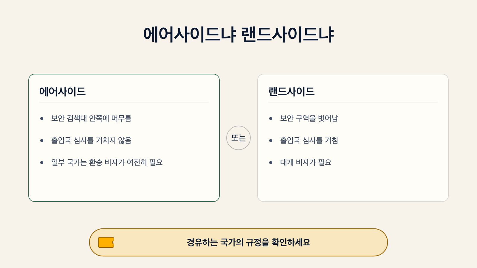 에어사이드 환승과 랜드사이드 환승을 비교하는 다이어그램: 에어사이드는 보안 검색대 안쪽에 머물며 출입국 심사를 거치지 않지만 일부 국가는 환승 비자가 필요하고, 랜드사이드는 보안 구역을 벗어나 출입국 심사를 거치며 대개 비자가 필요하다