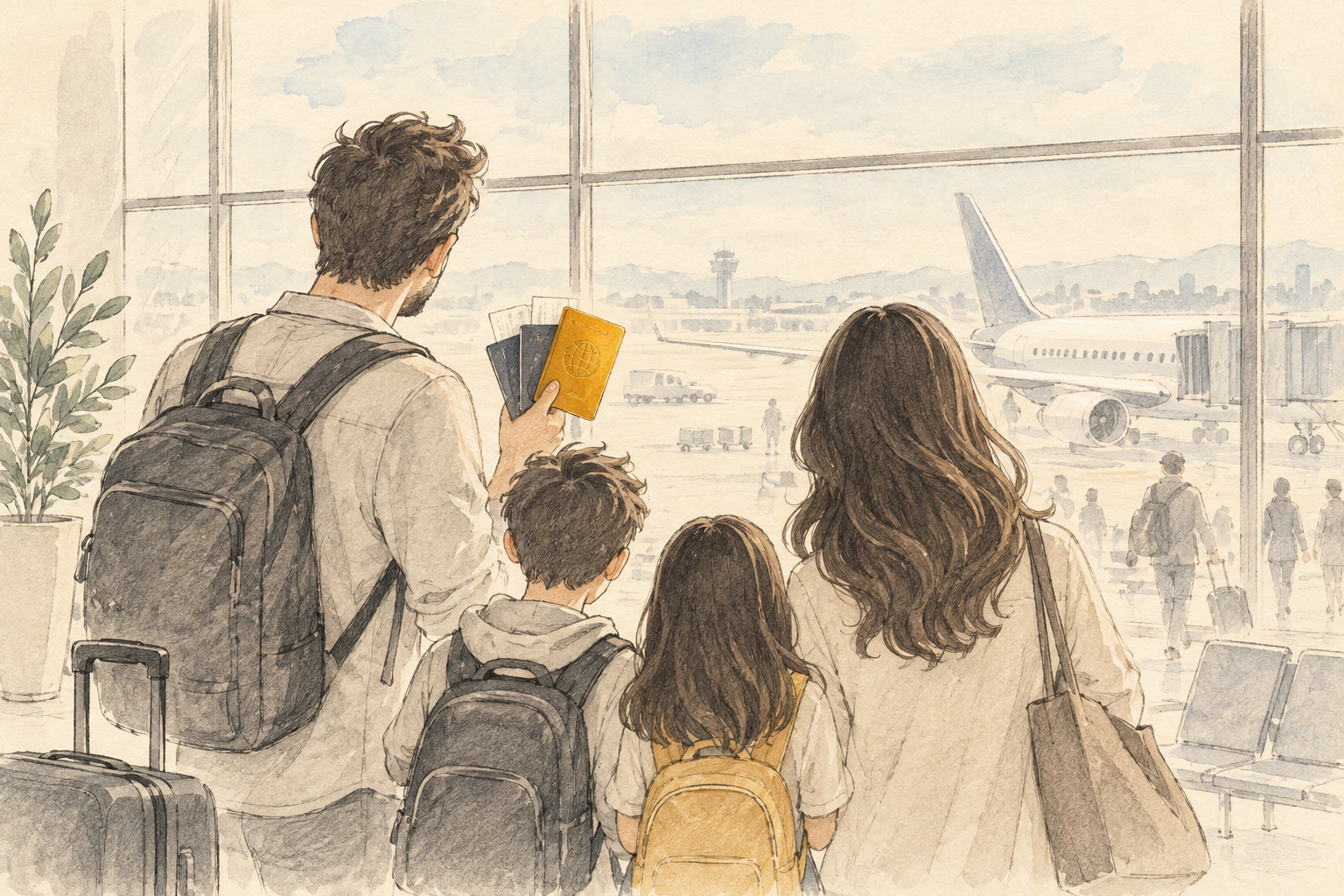 Una famiglia in un terminal aeroportuale che controlla i documenti di viaggio prima di imbarcarsi su un volo in coincidenza