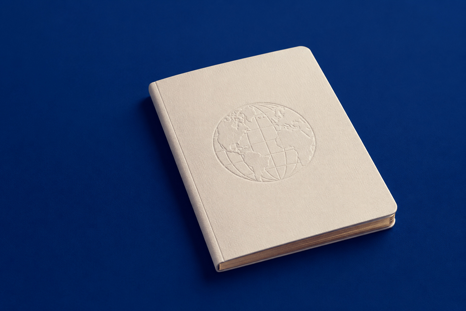 A single cream passport lying flat and closed on a royal navy background, ready to be checked before travel