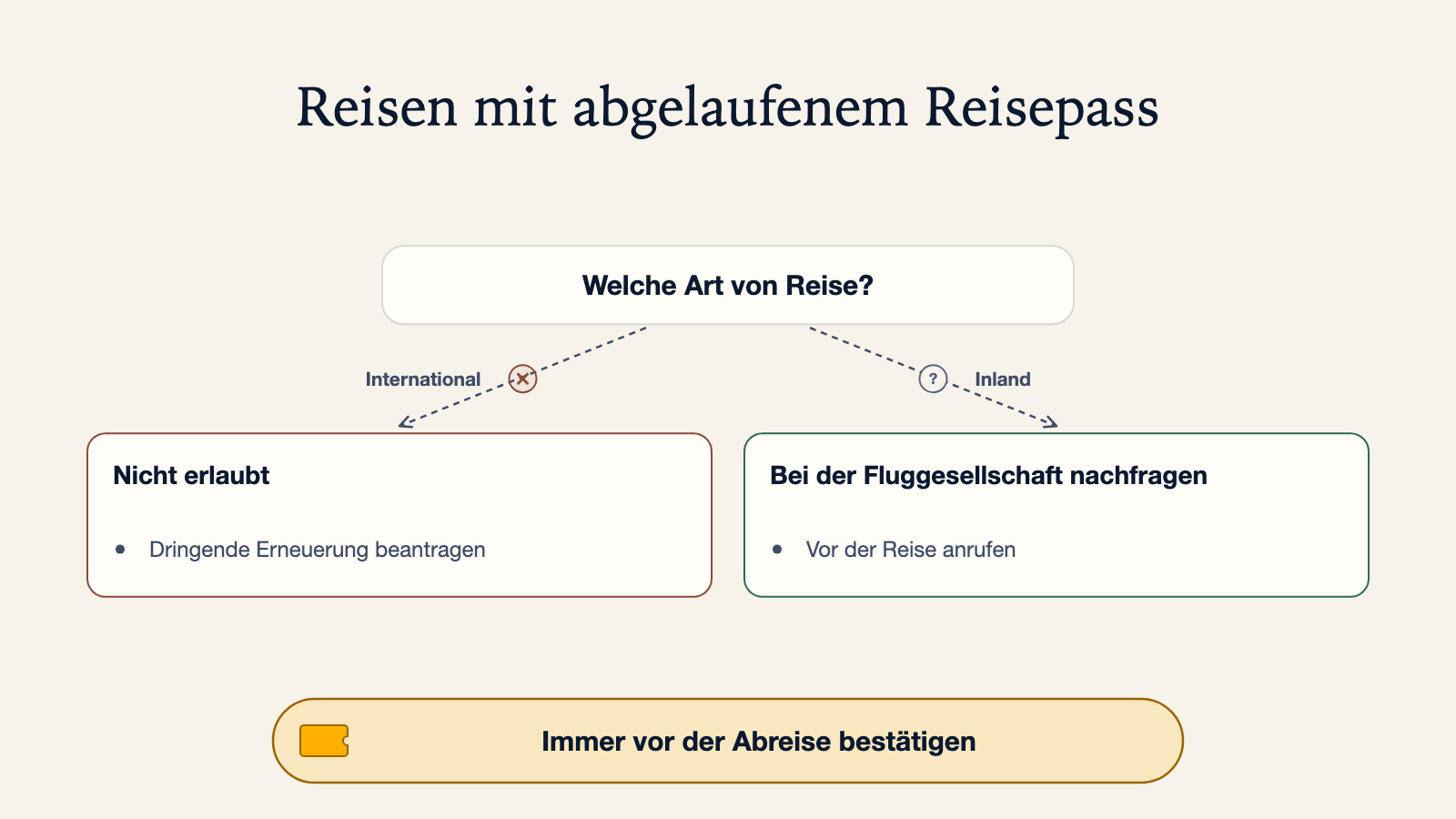 Entscheidungsbaum für einen abgelaufenen Reisepass: internationale Reisen sind als nicht erlaubt markiert und führen zur dringenden Erneuerung, inländische Reisen führen zur Nachfrage bei der Airline und dazu, vor der Reise anzurufen, mit dem Hinweis, immer vor der Abreise zu bestätigen