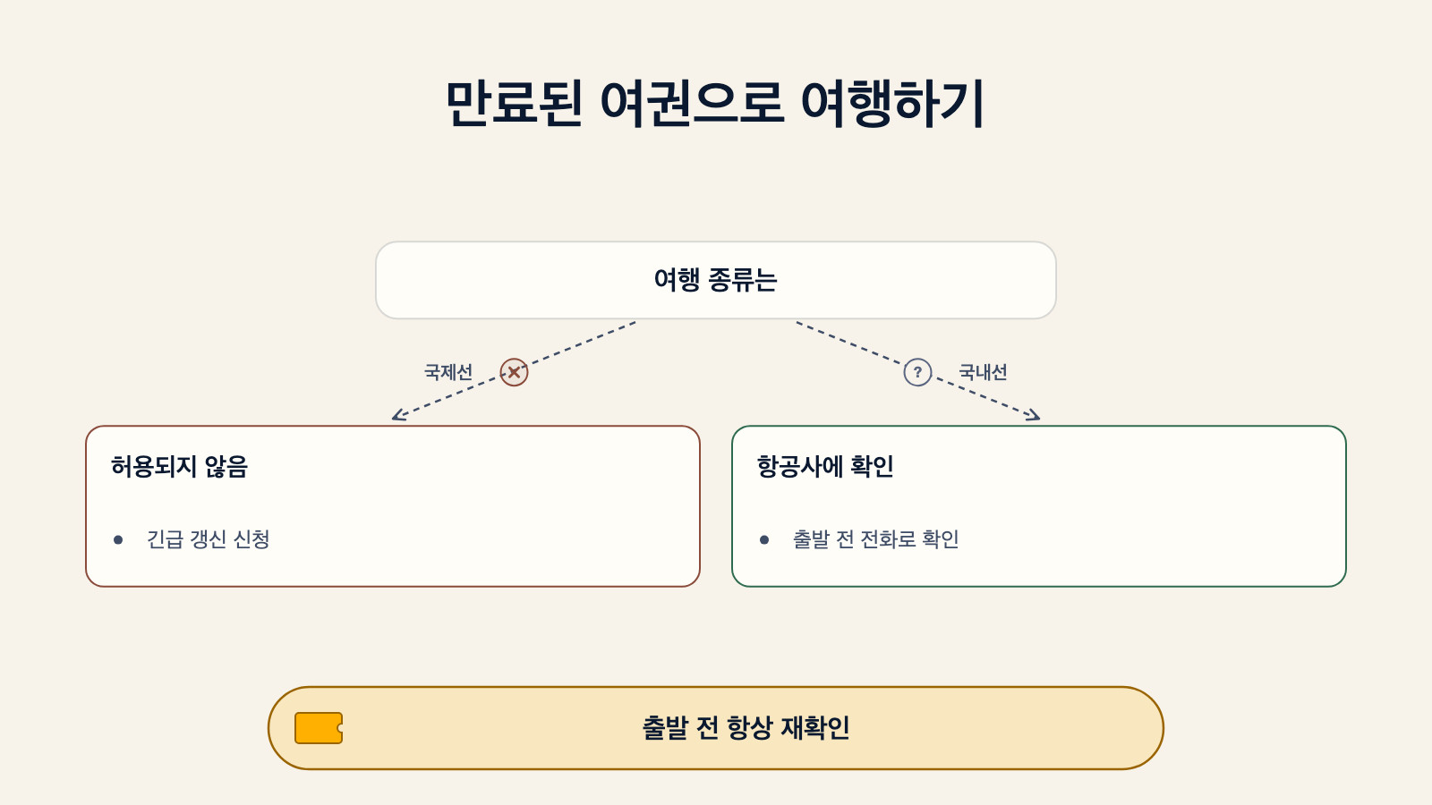 만료된 여권 상황의 결정 트리 다이어그램: 국제선 여행은 허용되지 않음으로 표시되어 긴급 갱신 신청으로 이어지고, 국내선 여행은 항공사에 확인하라는 안내와 출발 전 전화 확인으로 이어지며, 출발 전 항상 재확인하라는 메모가 있다