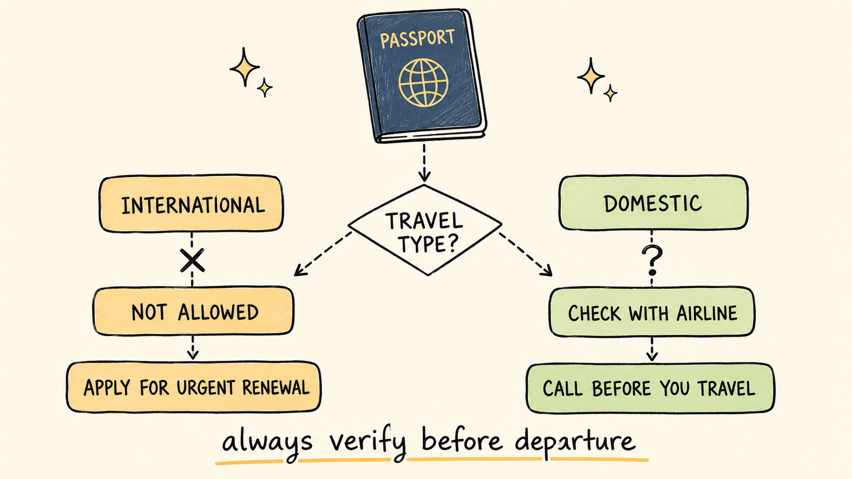 Hand-drawn decision tree for an expired passport: international travel is marked not allowed and points to applying for an urgent renewal, domestic travel points to checking with your airline and calling before you travel, with a note to always verify before departure