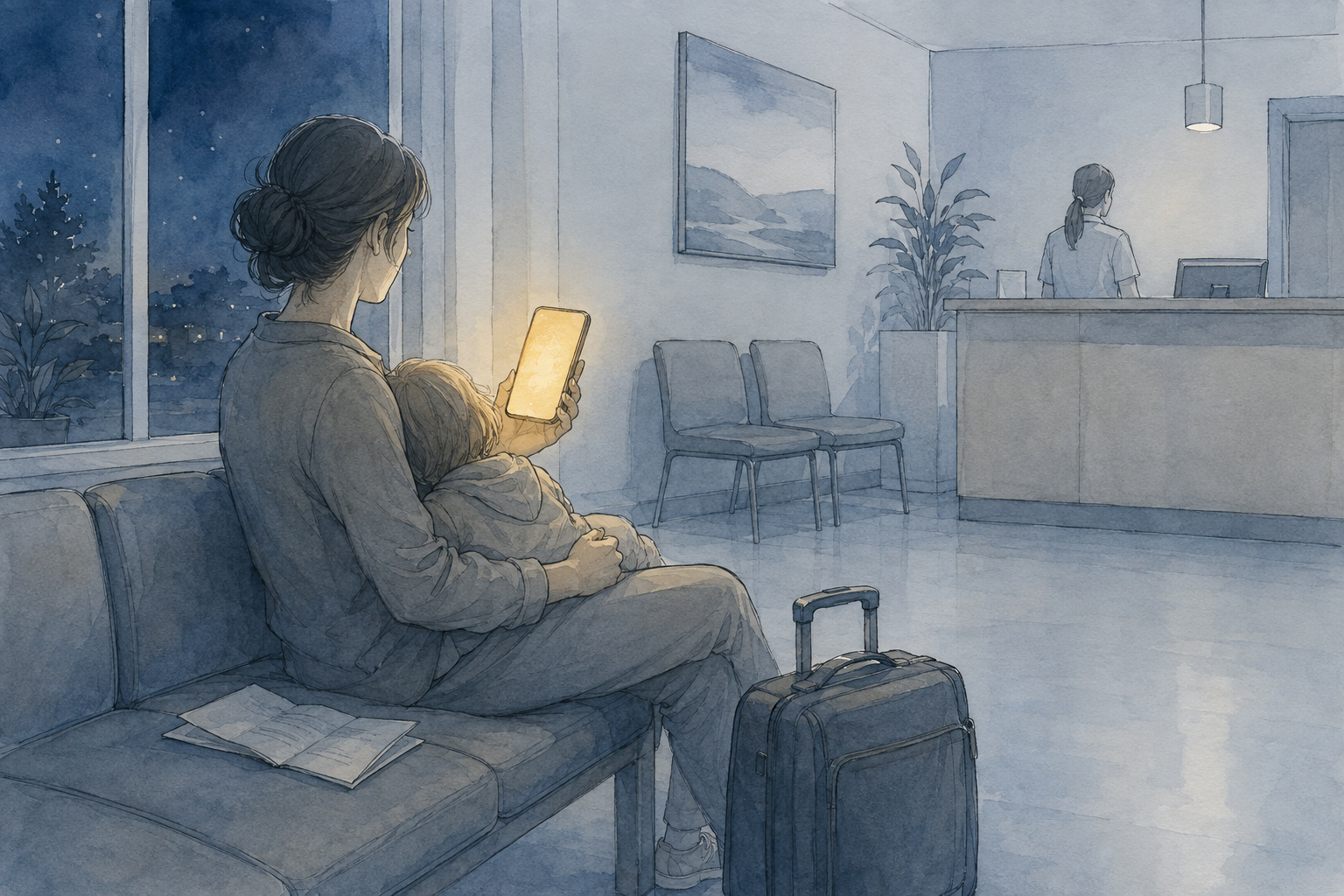 a parent and sleepy child sit in a quiet clinic waiting room at night, the parent calmly reading their insurance policy on a glowing phone screen