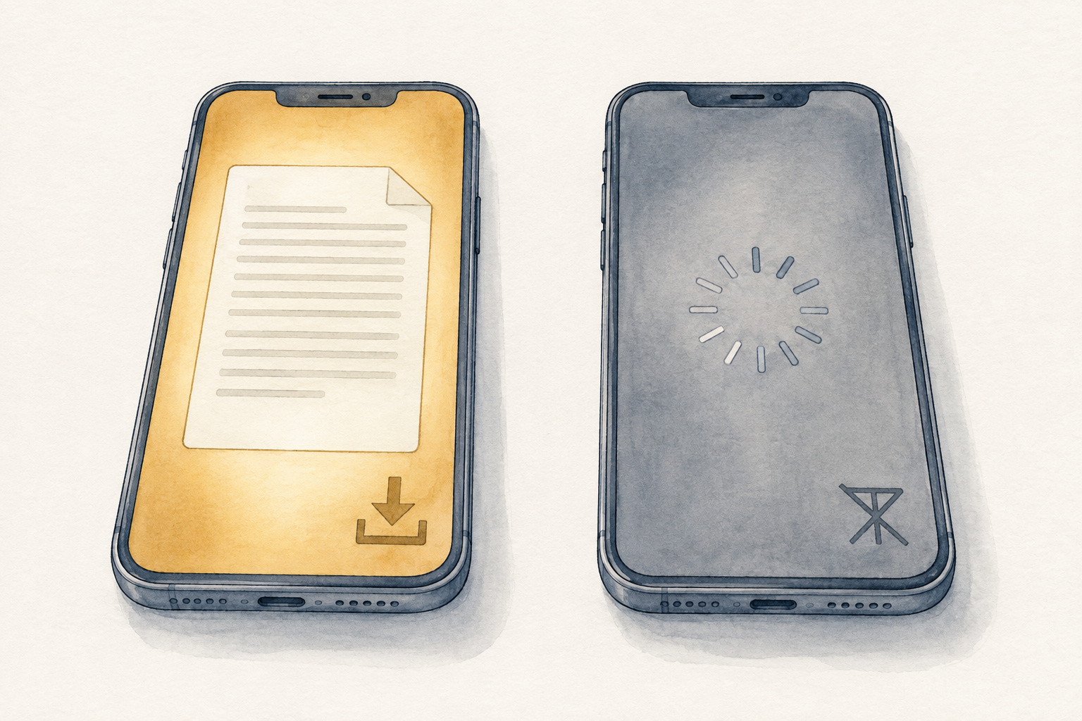 Two identical phones side by side: the left one glows with the insurance policy saved on the device, the right one sits grey with a loading spinner and no signal