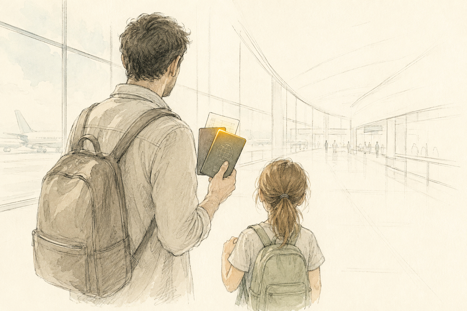 ภาพวาดลายเส้นของพ่อแม่และลูกที่เห็นจากด้านหลัง อยู่ที่บริเวณอาคารผู้โดยสารสนามบิน พ่อแม่ถือพาสปอร์ตสองเล่มกางออกเป็นรูปพัดเล็กๆ พร้อมเอกสารพับหนึ่งแผ่นในระดับอก