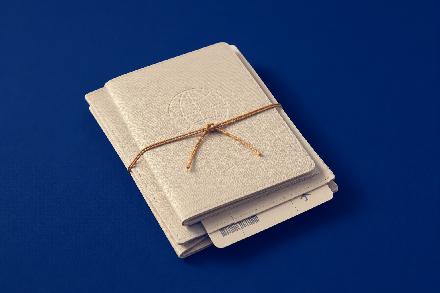A neat stack of cream travel documents with a passport on top, bound by a single thin gold thread, on a royal navy background