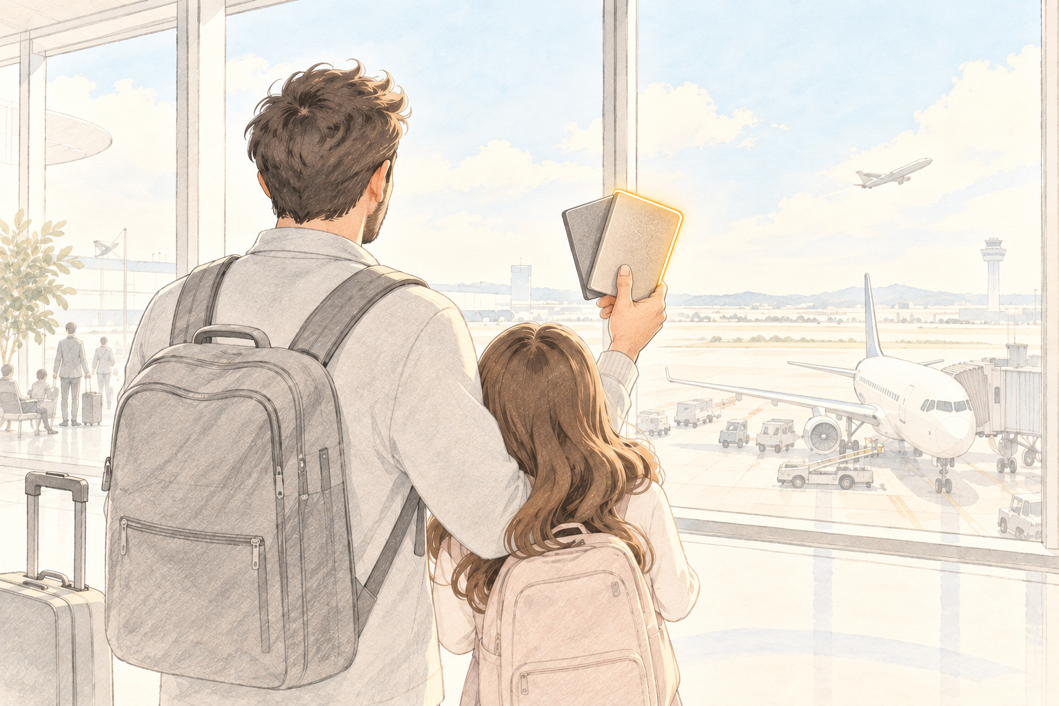 A parent and child seen from behind at a bright airport window, the parent holding up two passport booklets with the front one edge-lit in gold, an aircraft at the gate beyond