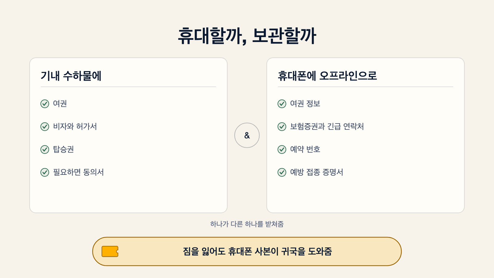 휴대할 서류와 보관할 서류를 나눈 다이어그램: 기내 수하물에는 여권, 비자와 허가서, 탑승권, 필요하면 동의서를 넣고, 휴대폰에는 여권 정보, 보험증권과 긴급 연락처, 예약 번호, 예방 접종 증명서를 오프라인으로 저장한다. 하나가 다른 하나를 받쳐주며, 짐을 잃어도 휴대폰 사본이 귀국을 돕는다