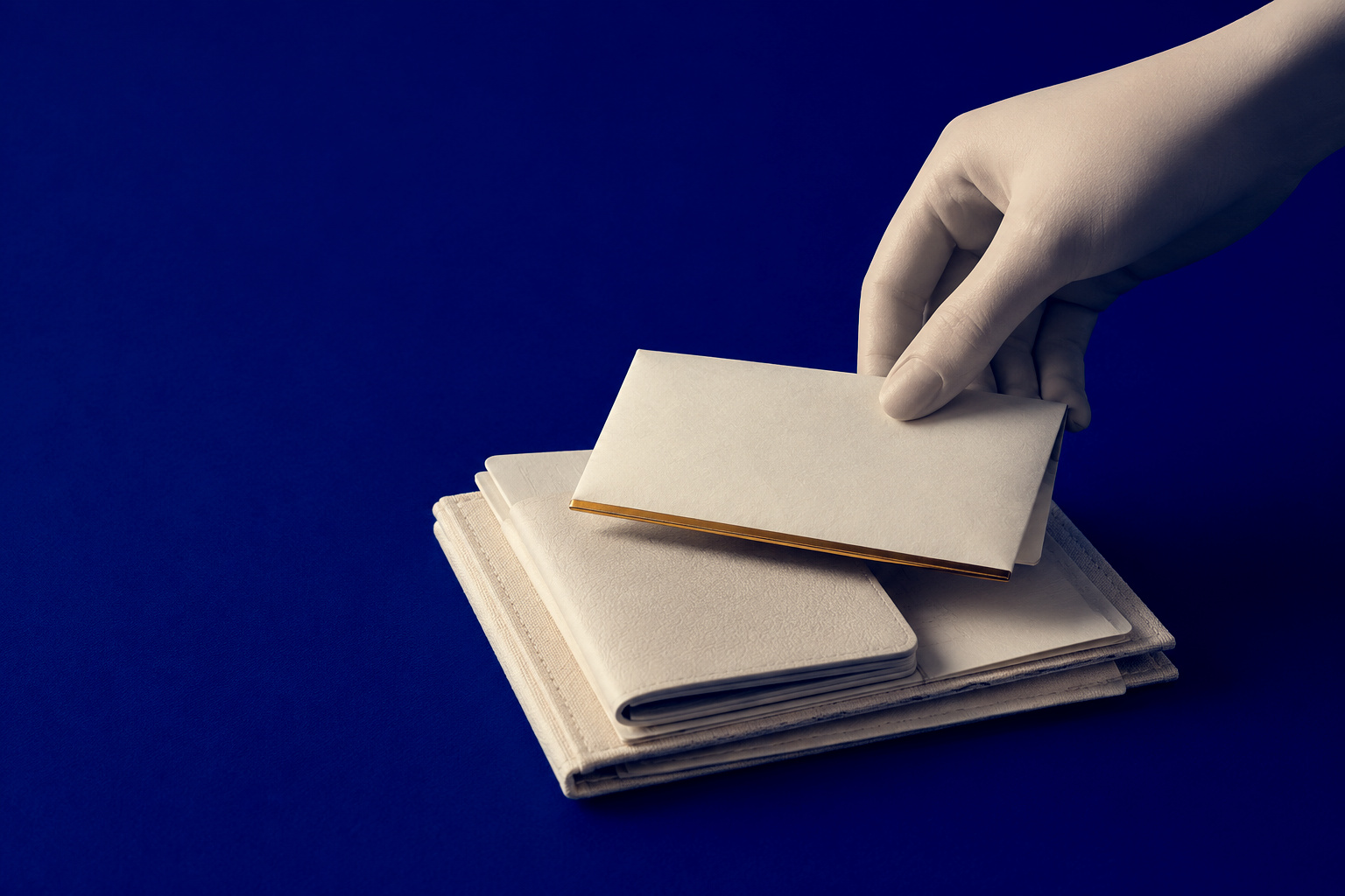 A hand placing a folded cream letter with a gold edge onto a neat stack of cream travel documents, on a royal navy background